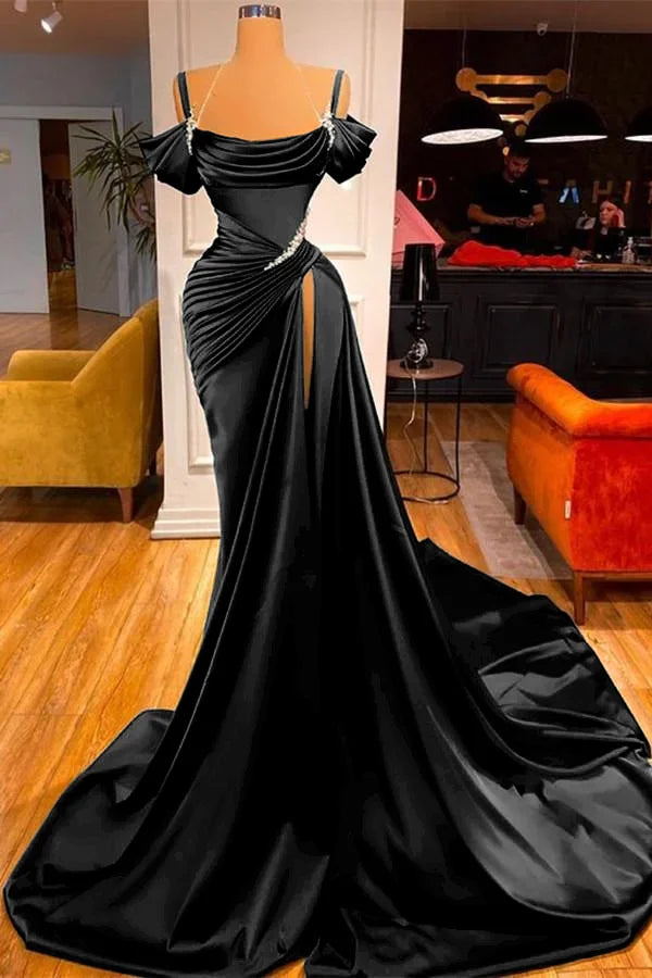 Black evening gown Off-the-Shoulder Corset Prom Dress Long Beaded Slit
