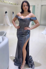 Off The Shoulder Corset Grey Prom Dress Beaded Pleated with Slit