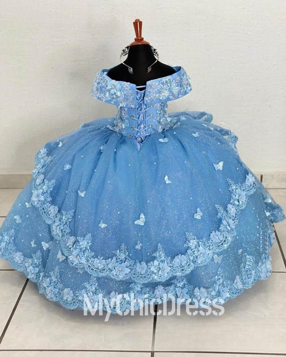 Mychicdress Fluffy Blue Mini Quince Dresses For Little Girl Lace Appliqué