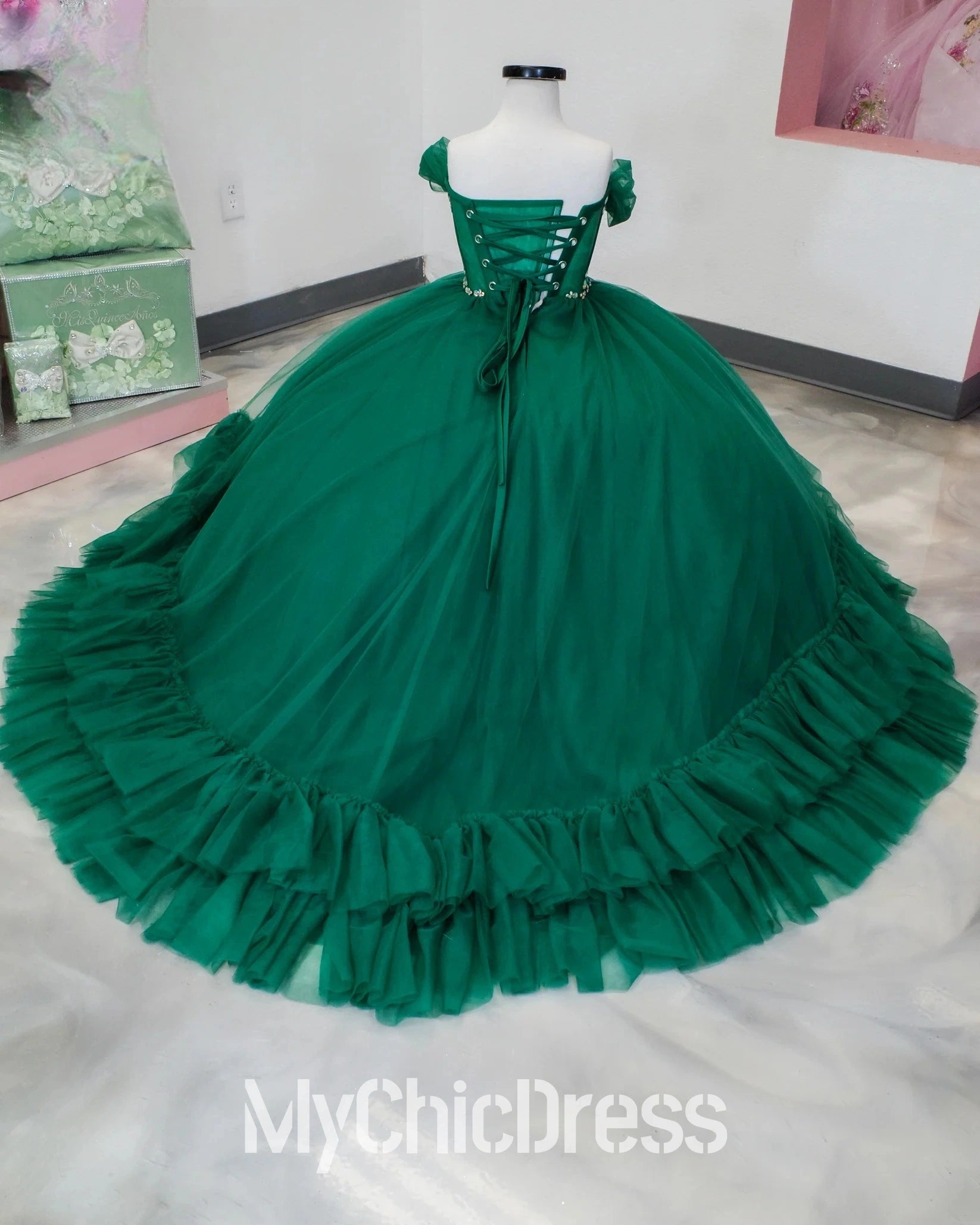 Off the Shoulder Green Girls Mini Quinceanera Dress with Rhinestones Mychicdress