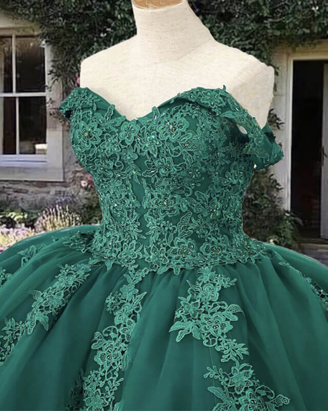 Off the Shoulder Green Quinceanera Dresses Ball Gown Lace Appliques Mychicdress