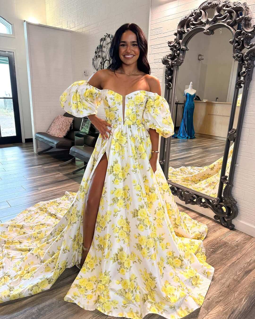 yellow floral off-shoulder Print Prom Dress Slit with Short Bubble Sleeves
