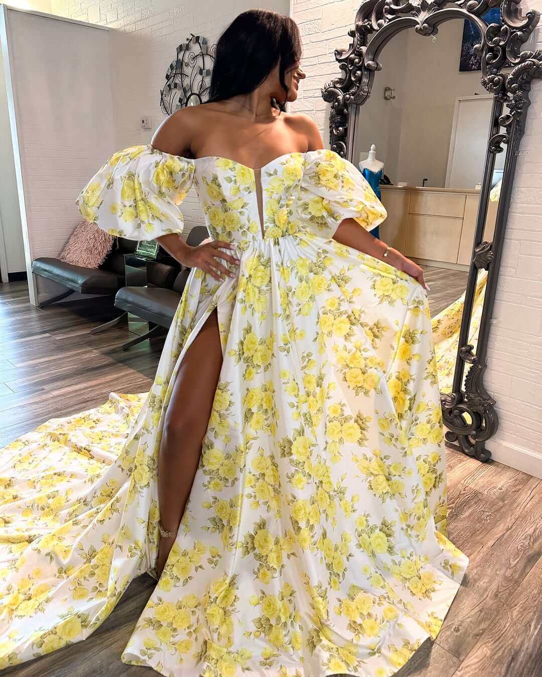 yellow floral off-shoulder Print Prom Dress Slit with Short Bubble Sleeves
