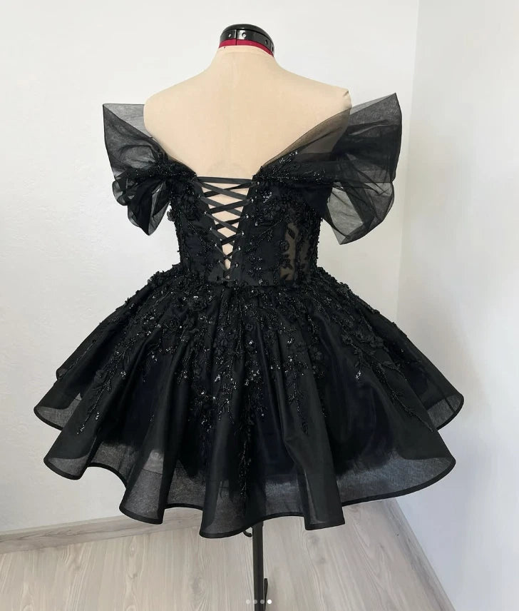 Off the Shoulder Sequins Short Black Wedding Dress Gothic Lace Up Back
