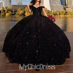 Off the Shoulder Sweet 15 Dresses Sequins Black Quince Dress