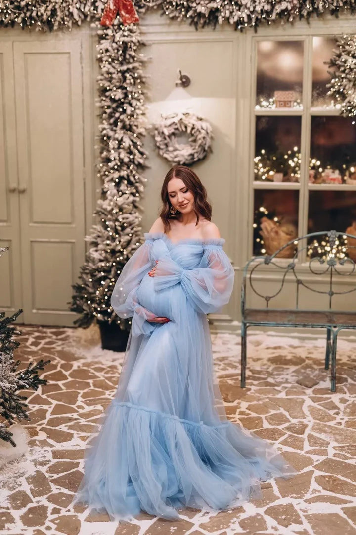 Off the shoulder Tulle Robe Puffy Sleeve Maternity Dress for Baby Shower