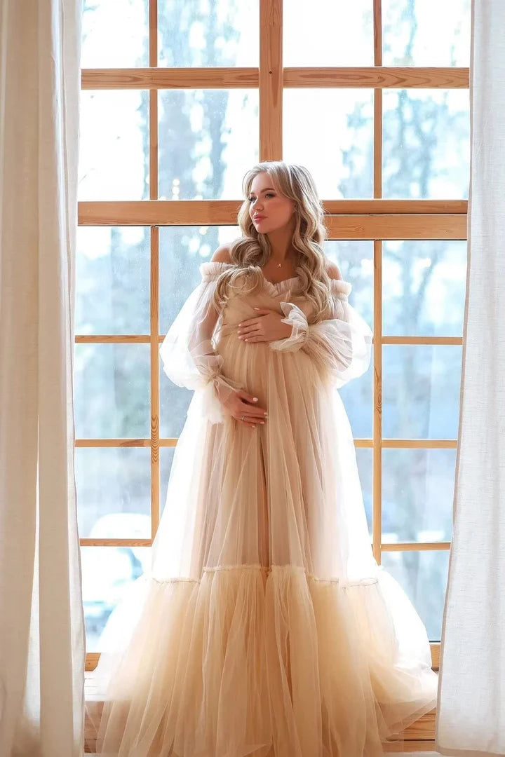 Off the shoulder Tulle Robe Puffy Sleeve Maternity Dress for Baby Shower