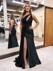 One Shoulder Black Prom Dresses Sequin Lace Beaded Evening Gowns