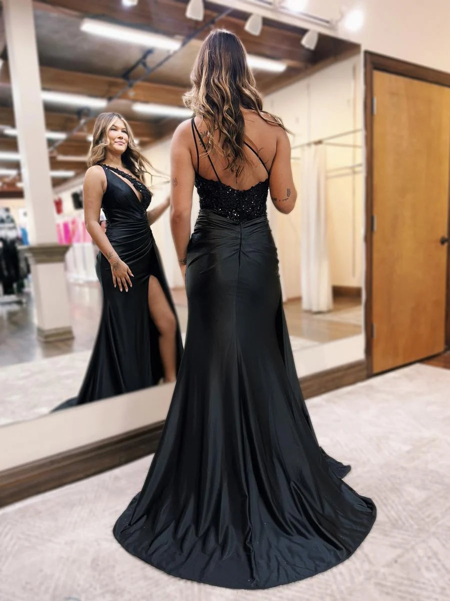 One Shoulder Black Prom Dresses 2025 Sequin Lace Beaded Evening Gowns