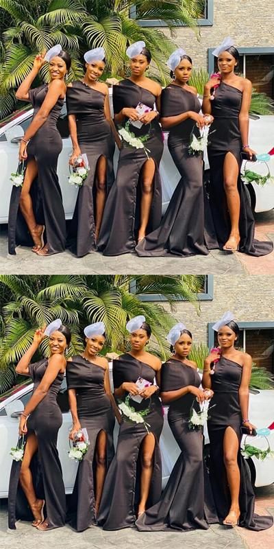 One Shoulder Beach Black Satin Bridesmaid Dresses with Slit