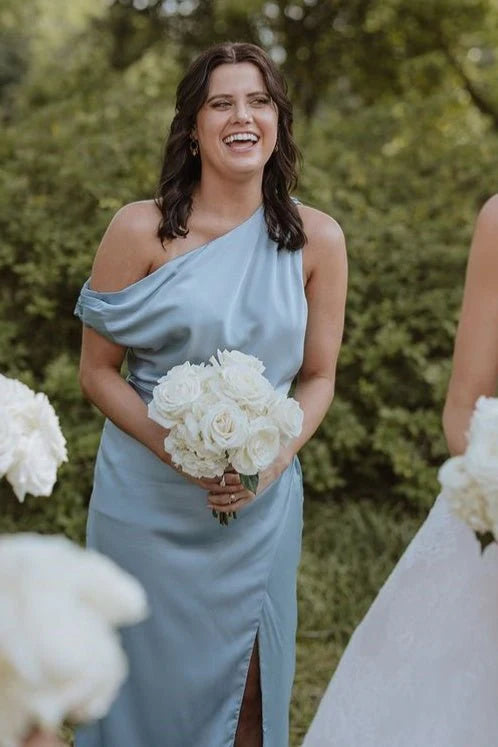 One-Shoulder blue Bridesmaid Dress Mermaid Satin Maxi Dress Mychicdress