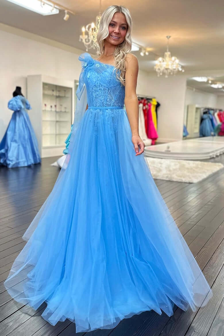 One-Shoulder Blue Evening Dress A-Line Long Prom Dress Bow Strap