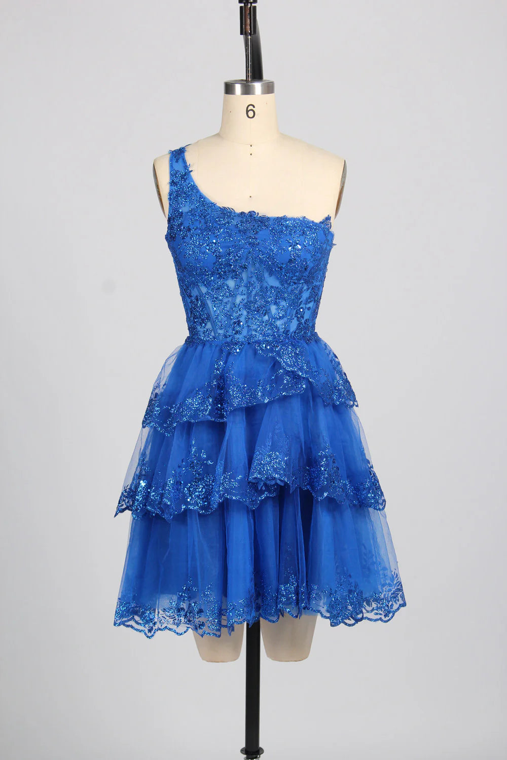 One-Shoulder Blue Sequin Homecoming Dress Short with Flared Skirt Mychicdress