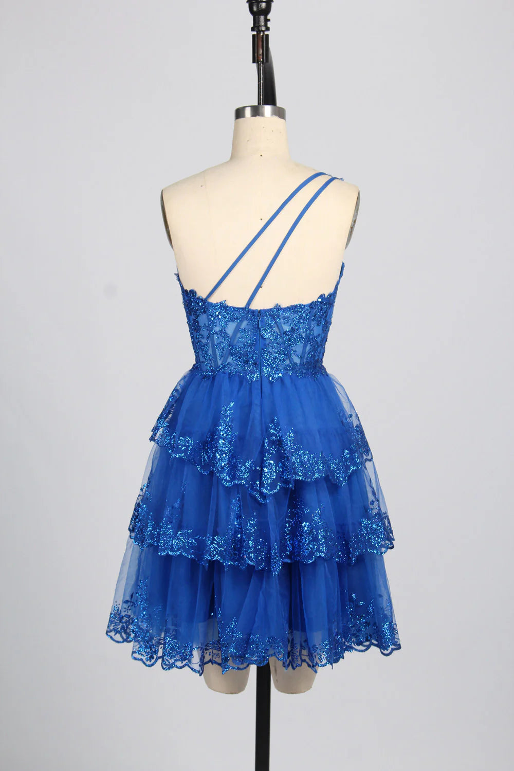 One-Shoulder Blue Sequin Homecoming Dress Short with Flared Skirt Mychicdress