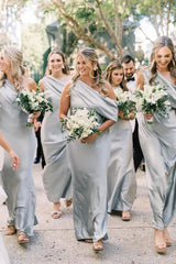 One Shoulder Bridesmaid Dresses Black Satin Pleated with Slit