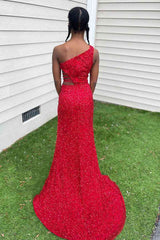 One Shoulder Red Formal Dress Sequin Prom Dress Mermaid with Slit