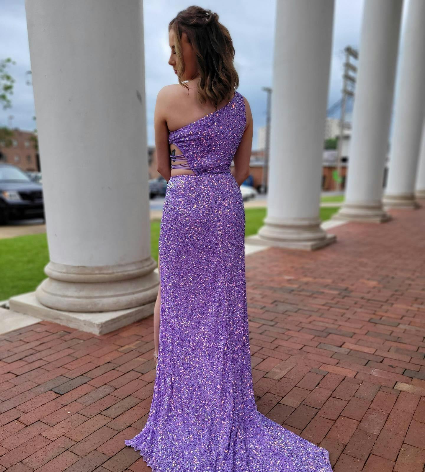 One Shoulder Lilac Formal Dress Sequin Prom Dress Mermaid with Slit
