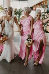 One-Shoulder Hot pink Bridesmaid Dress Mermaid Satin Maxi Dress Mychicdress