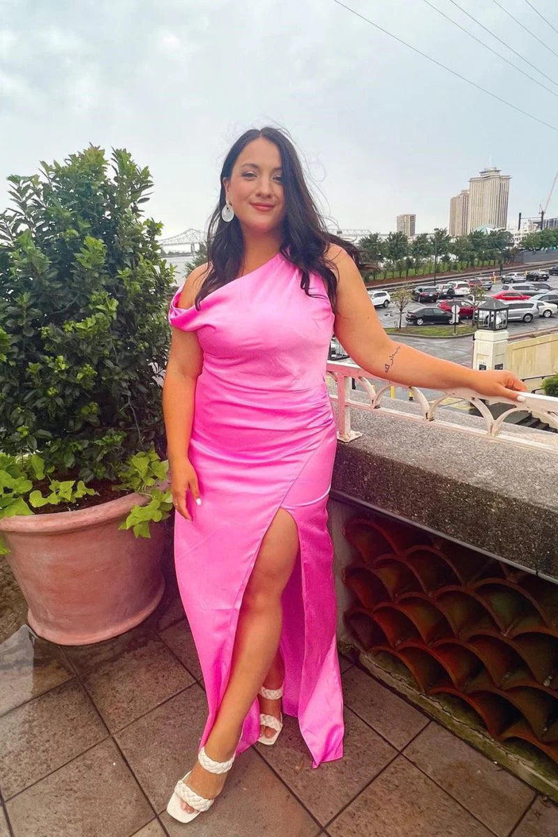 One-Shoulder Hot pink Bridesmaid Dress Mermaid Satin Maxi Dress Mychicdress