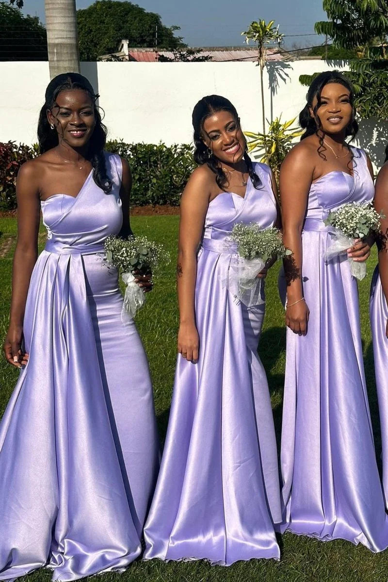 One Shoulder Lavender Bridesmaid Dress Long Satin Maxi Dress