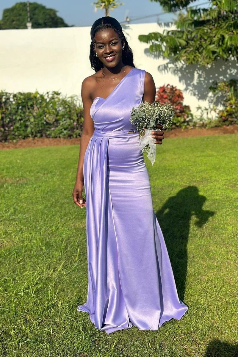 One Shoulder Lavender Bridesmaid Dress Long Satin Maxi Dress