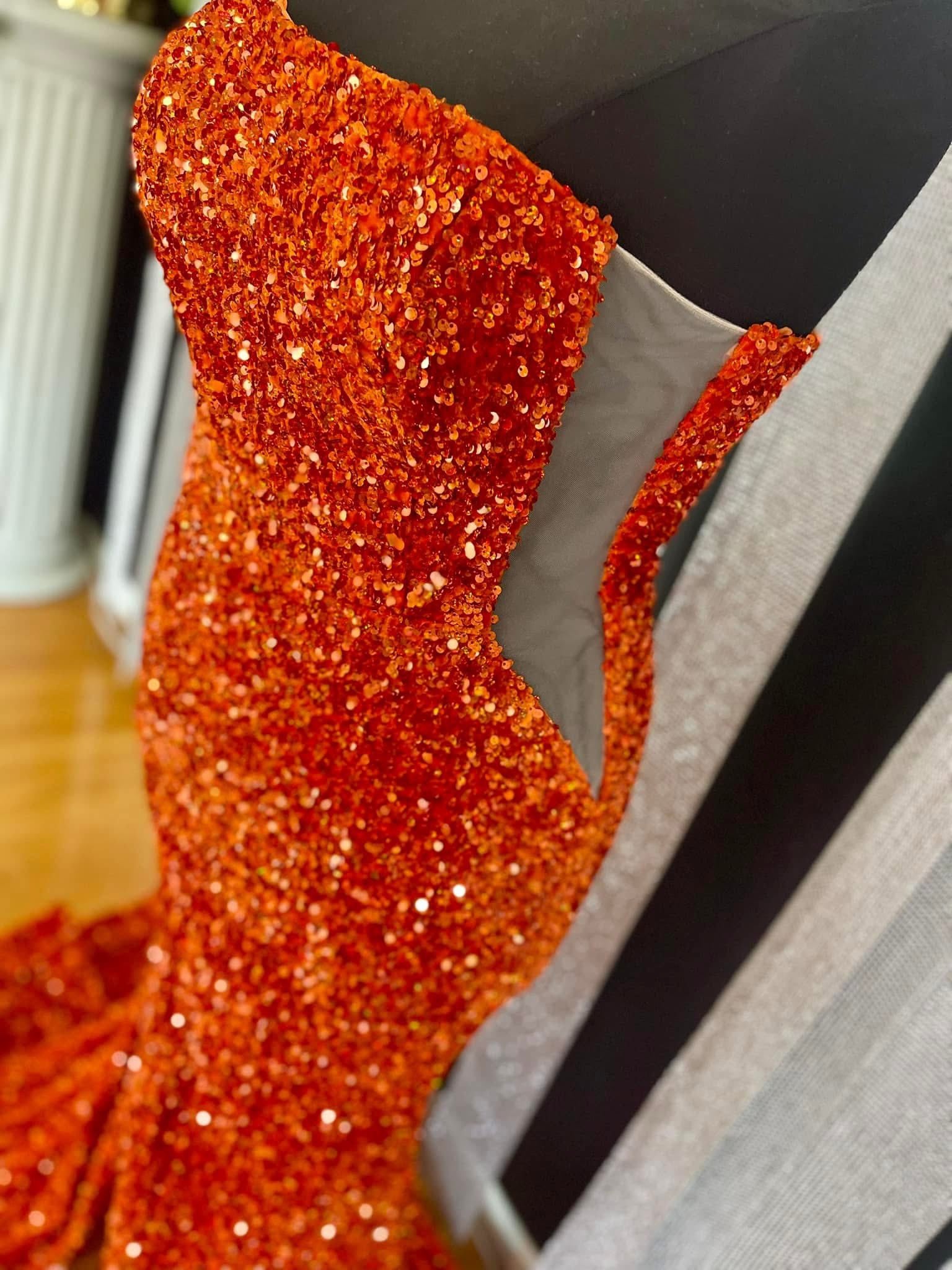 One Shoulder Long orange Prom Dress Mermaid Sequin