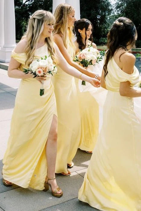 One-Shoulder yellow Bridesmaid Dress Mermaid Satin Maxi Dress Mychicdress
