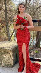 Long Mermaid Sequin Prom Dress Red One Shoulder