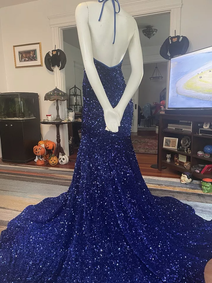 Deep V Neck Iridescent Sequin Prom Dress Royal Blue Mermaid Mychicdress