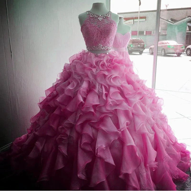 Organza Layered 2 Piece Quinceanera Dresses Ball Gowns With Lace Crop