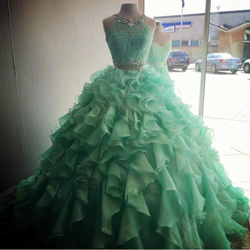 Organza Layered 2 Piece Quinceanera Dresses Ball Gowns With Lace Crop