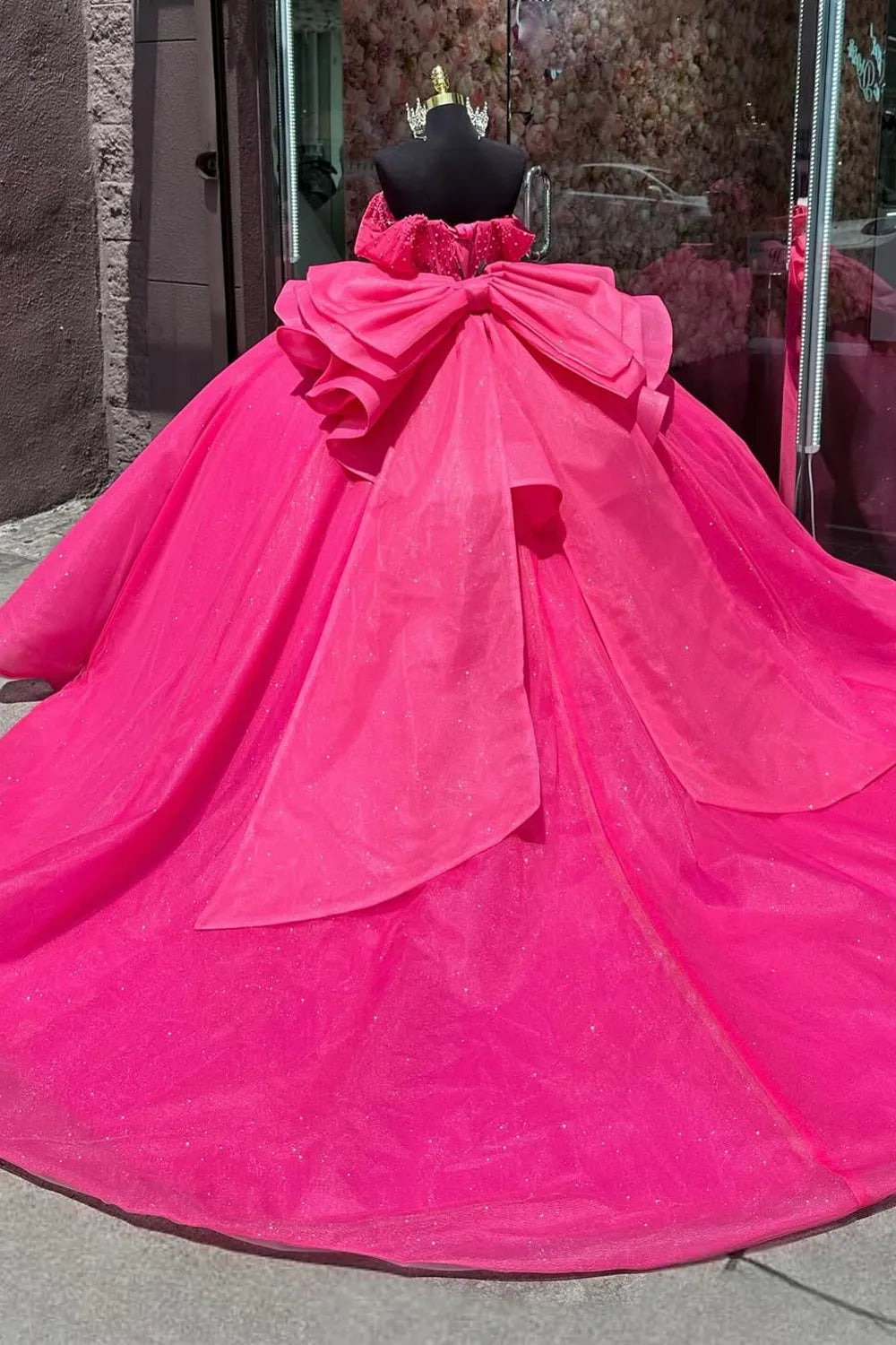 Pearls Beaded Fuchsia Quinceanera Dress with Bow Off the Shoulder Mychicdress