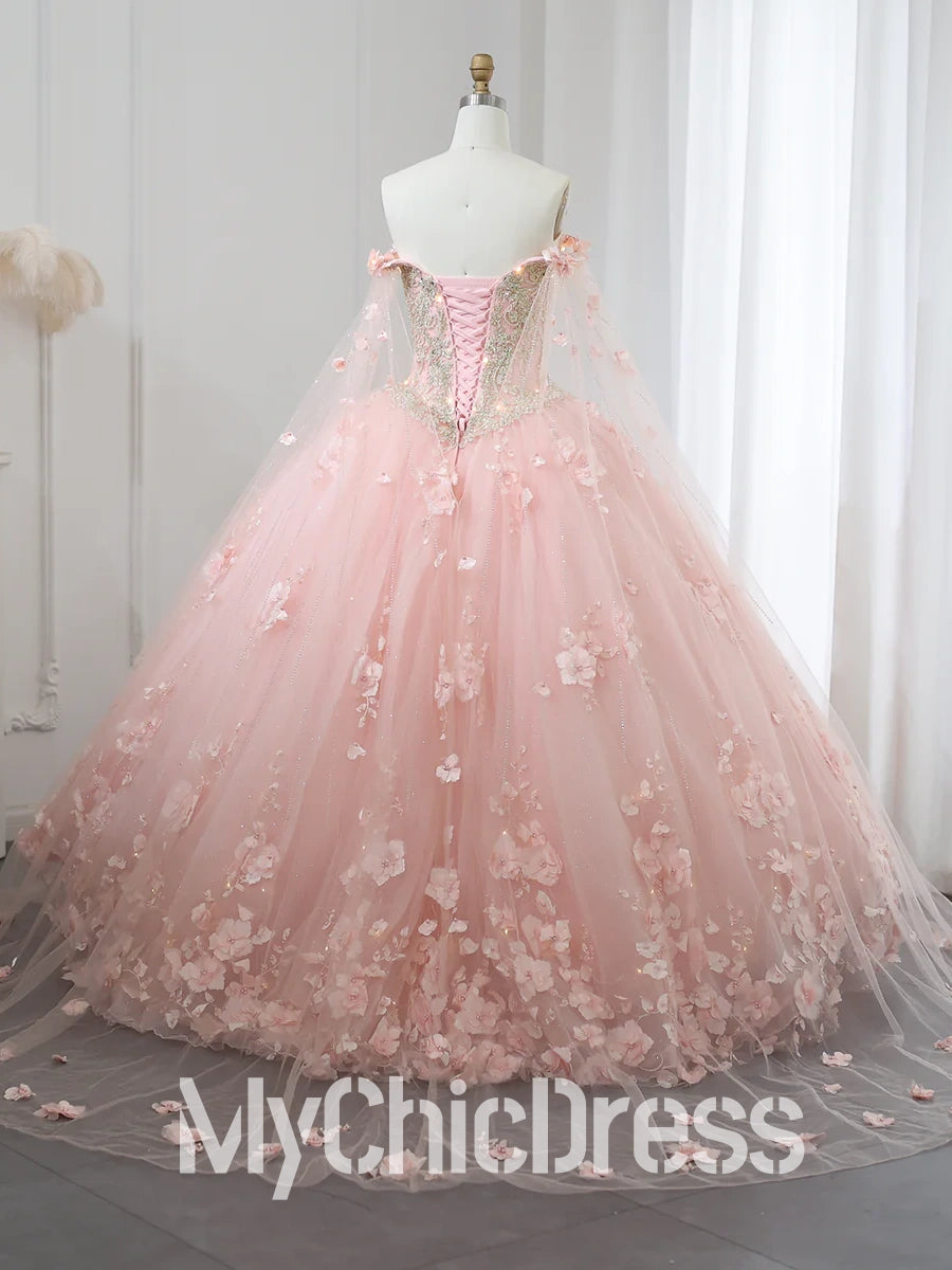 Light Pink Quinceanera Dress 3D Flowers Off-the-Shoulder with Cape