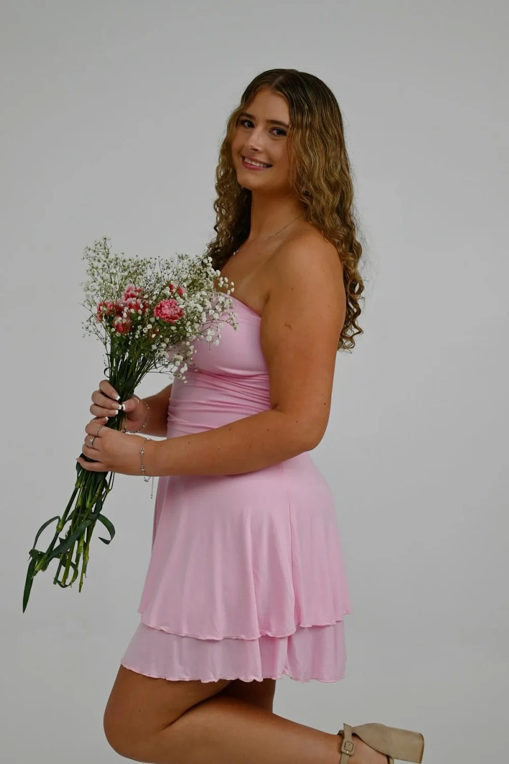 Pink Chiffon Short Homecoming Dress Strapless Ruched with Ruffle