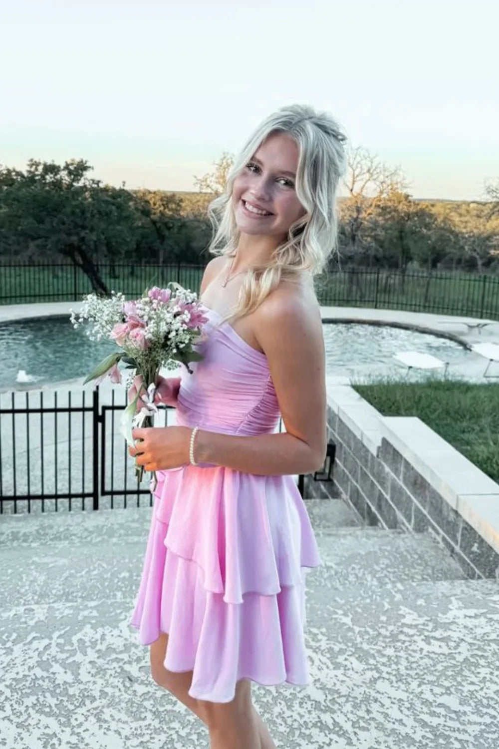 Pink Chiffon Short Homecoming Dress Strapless Ruched with Ruffle