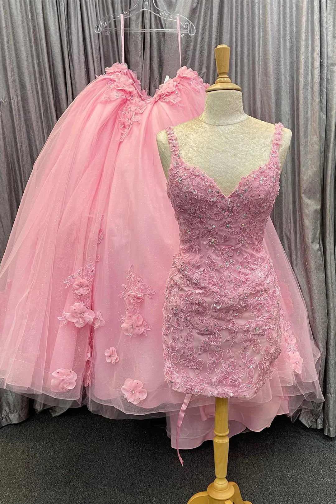 Pink Floral 2 in 1 Quinceanera Dresses Appliques Sweetheart Lace-Up Mychicdress