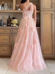 Floral Light Pink Lace Prom Dresses One Shoulder Evening Dress