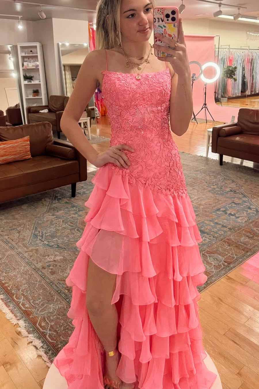 Pink Lace Prom Dress with Ruffles Appliques Long Evening Dress