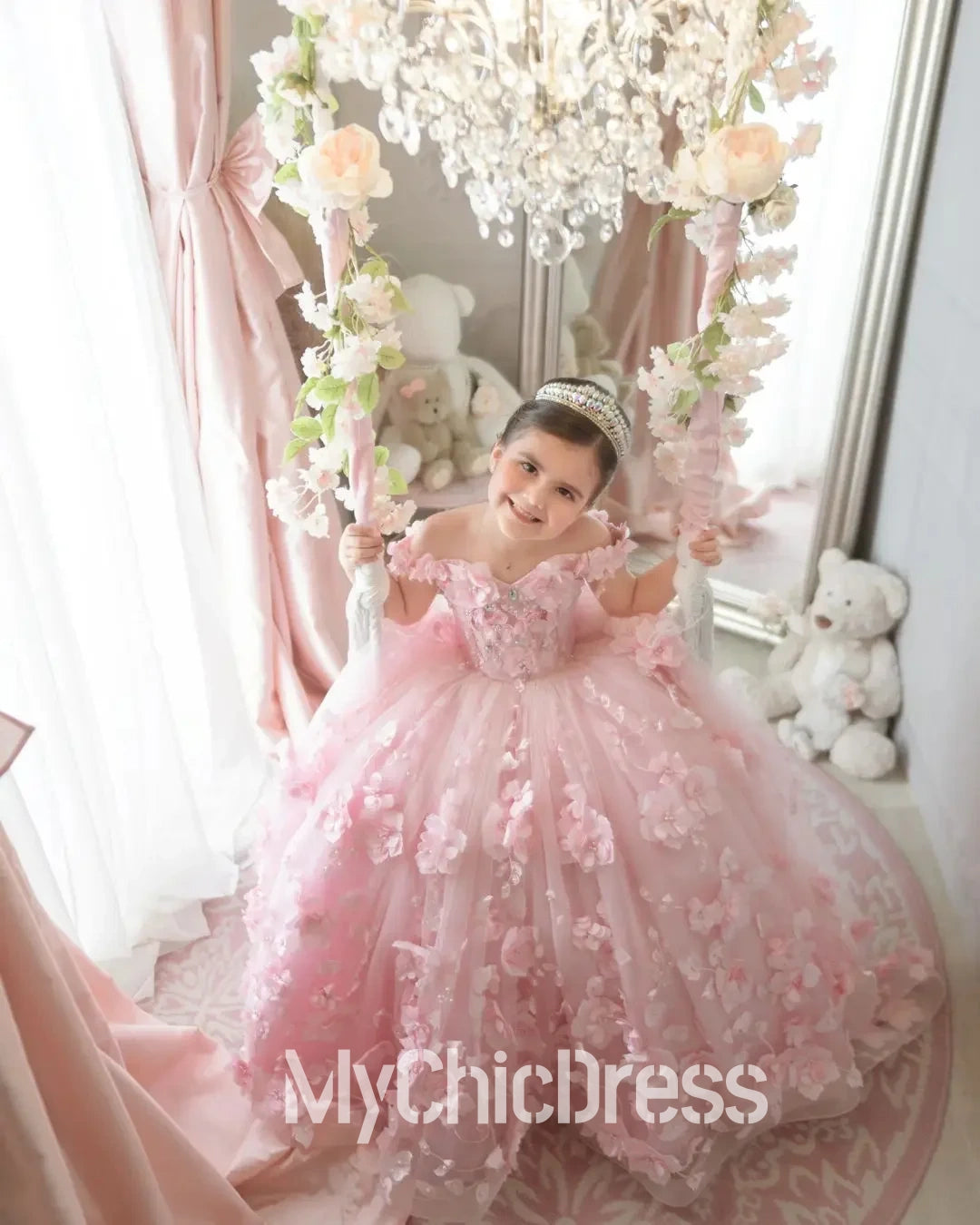 Pink Mini Quinceanera Dresse 3d Floral Flower Girl Dress For Wedding Mychicdress