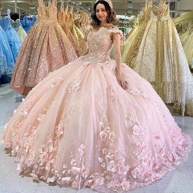 Modern 3D Flowers Pink Quinceanera Dresses Off the Shoulder