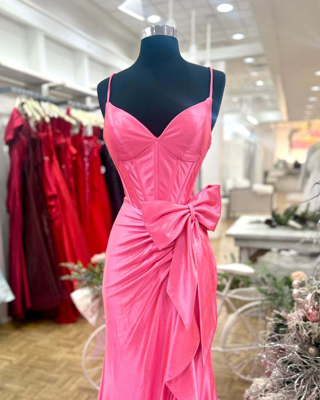 Pink Satin Long Formal Guest Dress with Bow Spaghetti Straps V-Neck