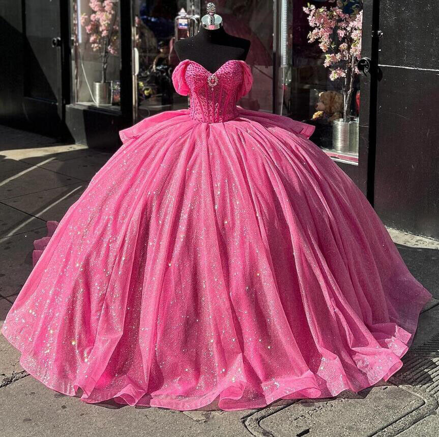Glitters Fuchsia Quinceanera Dresses Off Shoulder Sweet 16 Party Gowns - MyChicDress