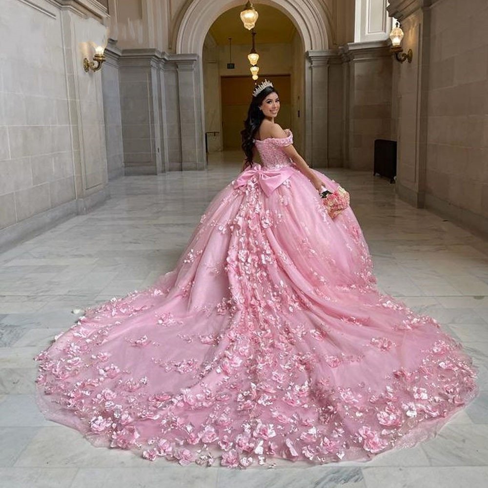 Off Shoulder Corset Pink Quinceanera Dresses 3D Flowers Appliques