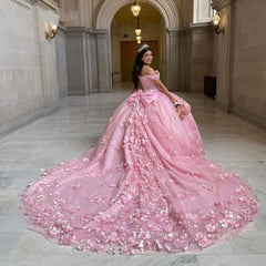 Off Shoulder Corset Pink Quinceanera Dresses 3D Flowers Appliques