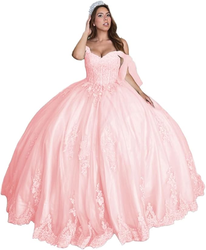 Sweet 16 Dress Lace pink Quinceanera Dresses Off the Shoulder Ball Gown