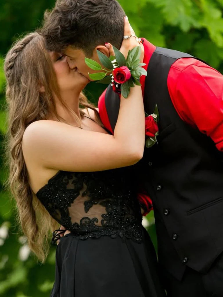 Plus Size Black Lace Evening Dress A Line V Neck Prom Dresses Mychicdress