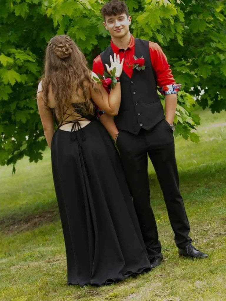 Plus Size Black Lace Evening Dress A Line V Neck Prom Dresses Mychicdress