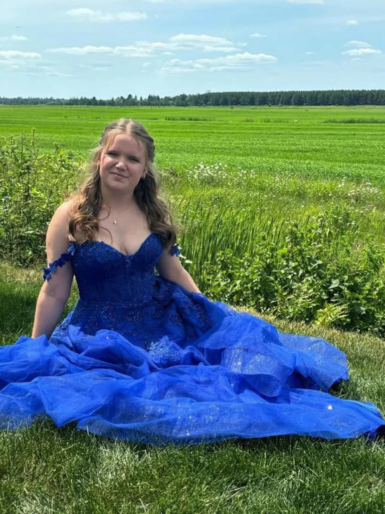 Plus Size Royal Blue Lace Prom Dresses UK Off the Shoulder Mychicdress
