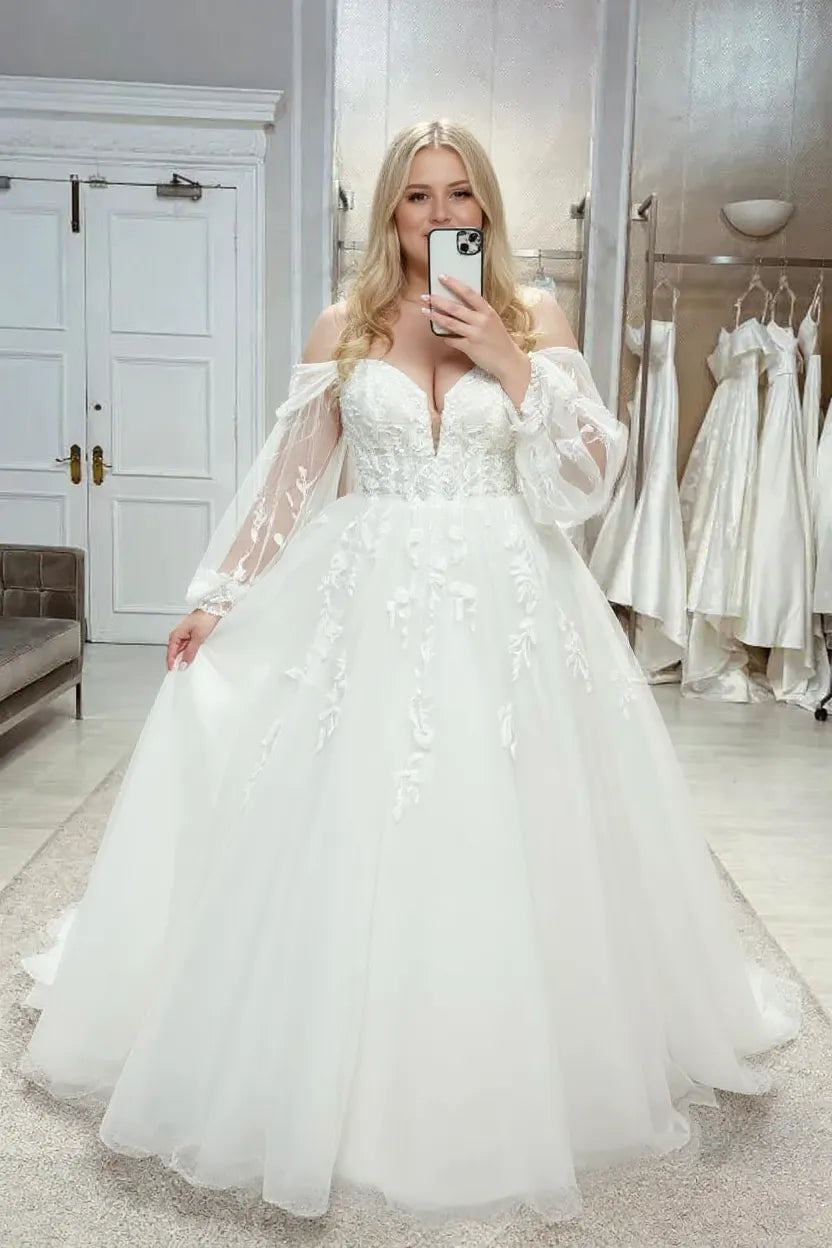 Plus Size Wedding Dresses with Sleeves Lace Long Off the Shoulder