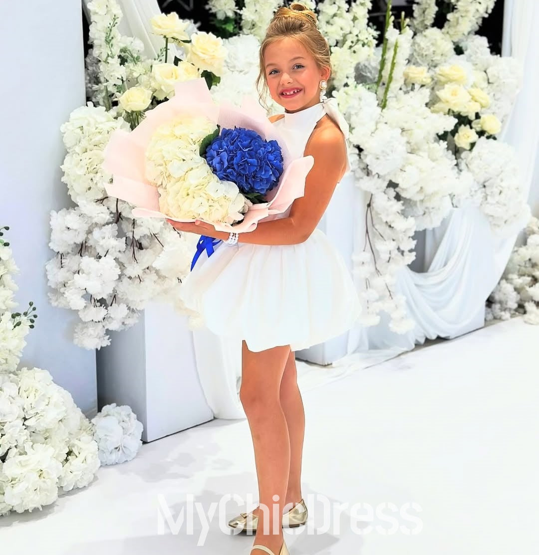 Pretty High Neck Satin Sleeveless White Satin Flower Girl Dress